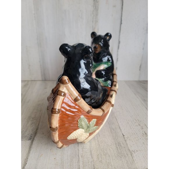 Ceramic black bears fishing couple canoe boat - Picture 3 of 12